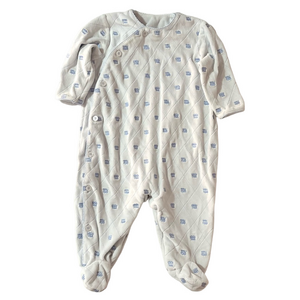 Vintage Kids Baby Boy Blue Embroidered Train Car Velvet Footie Sleeper Size 9M